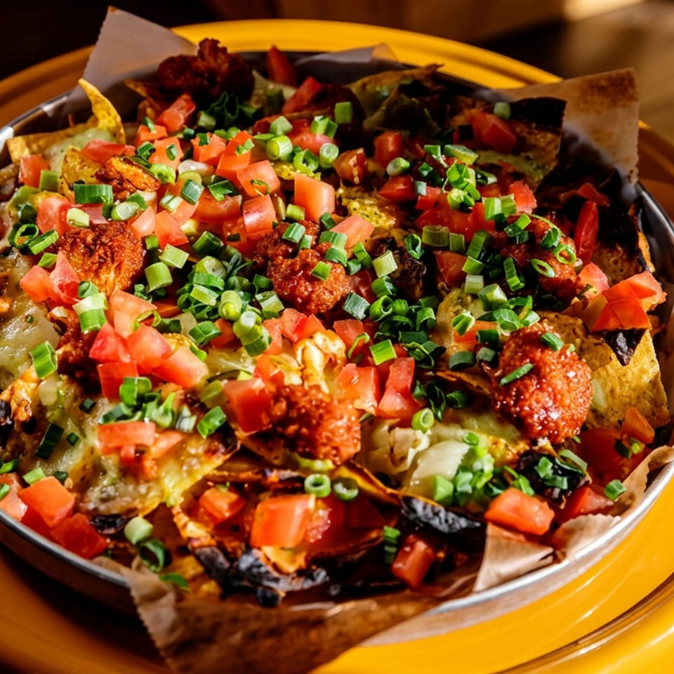 Loaded nachos topped with melted cheese, diced tomatoes, green onions, and crispy seasoned bites in a metal bowl.