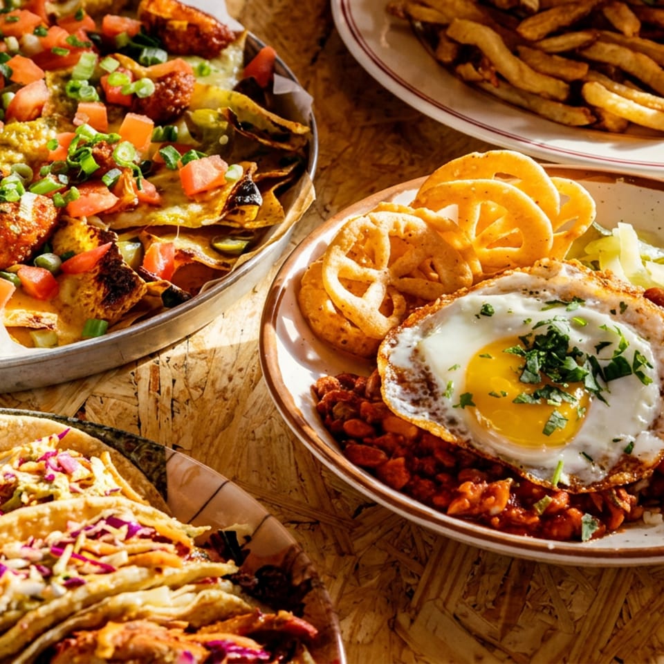 Assorted comfort food spread featuring loaded nachos, tacos, chili topped with a fried egg, onion rings, and fries on a wooden table.