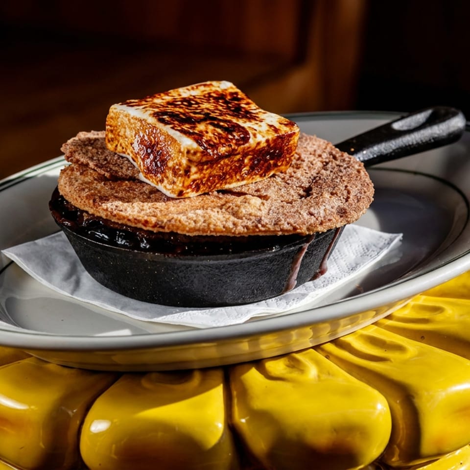 Dessert in a black ramekin topped with a toasted marshmallow, served on a plate over a sculptural yellow stand.