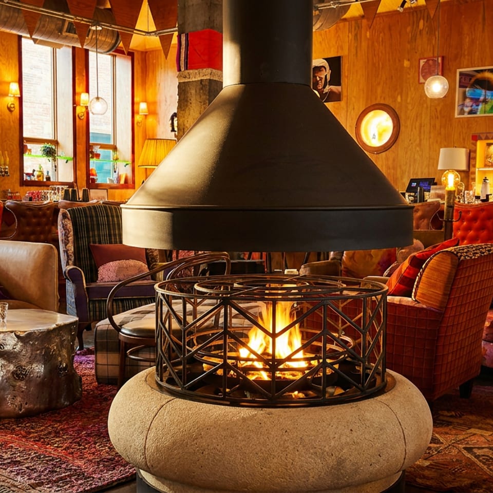 Warmly lit restaurant lounge with a central indoor fireplace, eclectic upholstered seating, wooden walls, and a long bar.