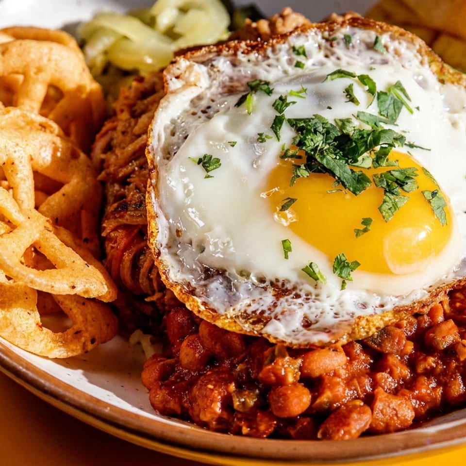 Hearty plate of chili beans topped with a fried egg and cilantro, served with curly fries and tortilla chips.