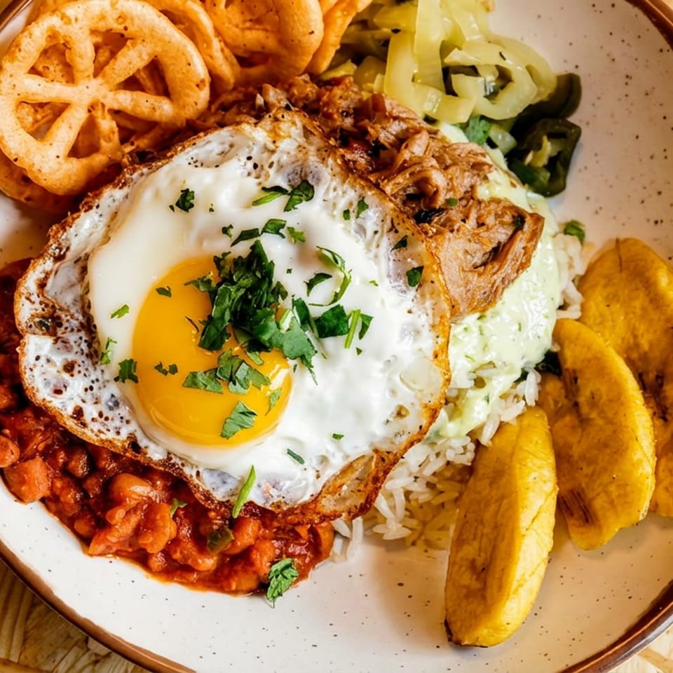 Latin American breakfast bowl with fried egg, beans, rice, avocado, plantains, and crispy wheel-shaped snacks.
