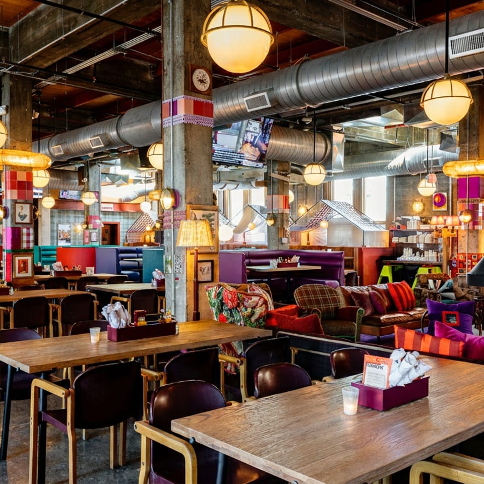 Spacious industrial restaurant dining room with wooden tables, colorful booths, hanging globe lights, exposed ducts, and a central fireplace.
